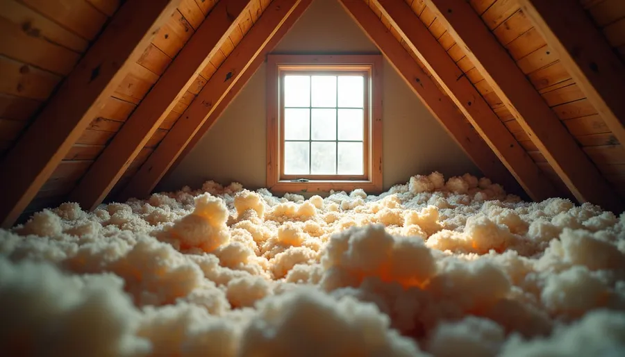 Eye-level view of attic space with old insulation being removed