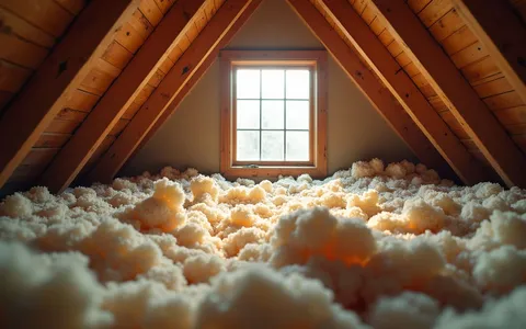 Eye-level view of attic space with old insulation being removed