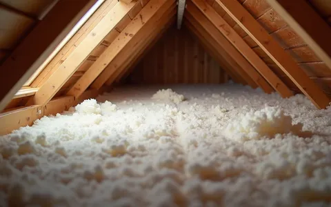 Eye-level view of attic space with insulation materials laid out
