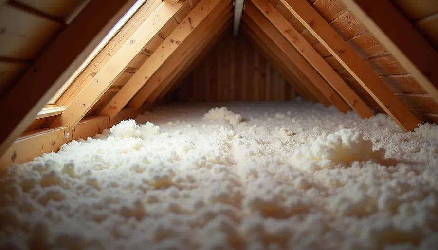 Eye-level view of attic space with insulation materials laid out