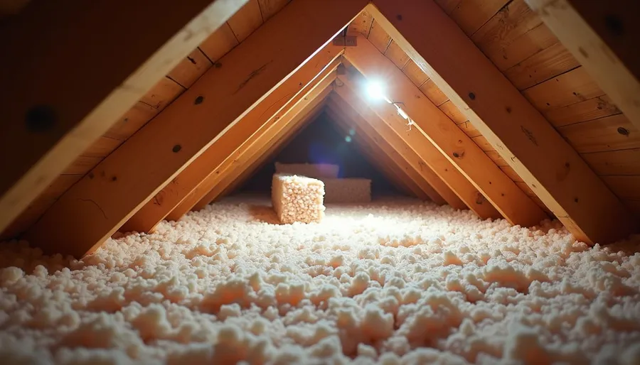 Eye-level view of attic space with insulation materials laid out