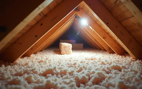 Eye-level view of attic space with insulation materials laid out
