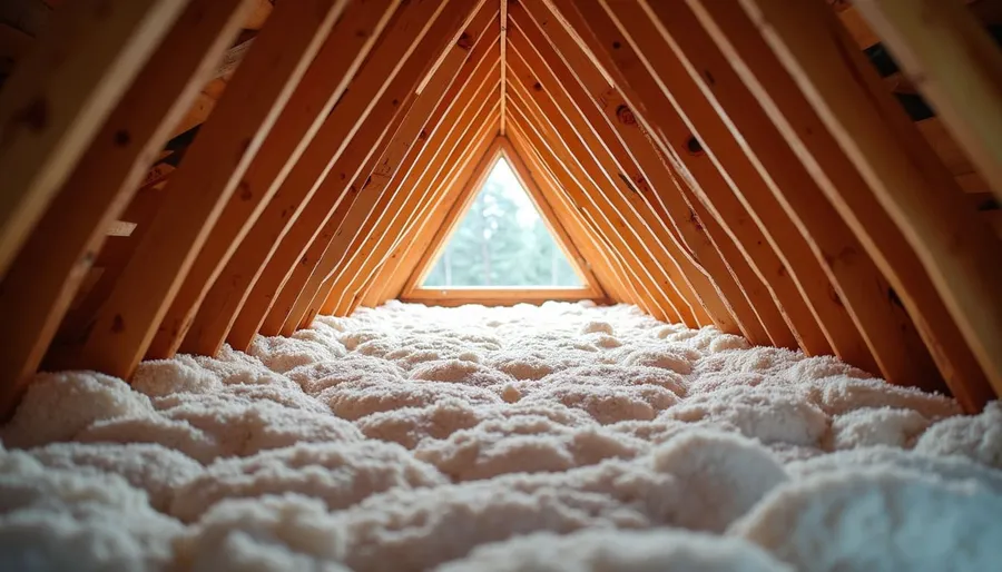 Eye-level view of attic space with insulation materials laid out