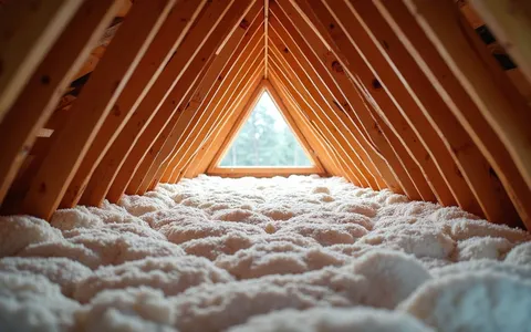 Eye-level view of attic space with insulation materials laid out