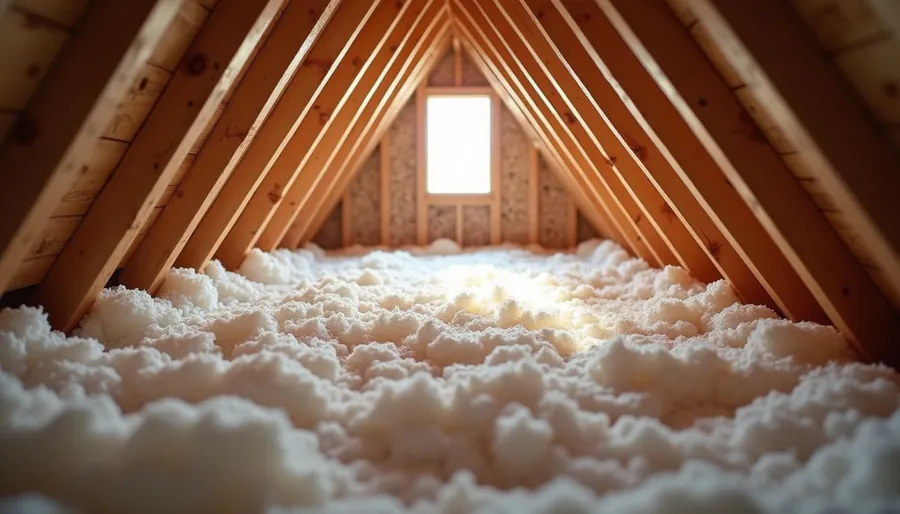Eye-level view of attic space with insulation being installed