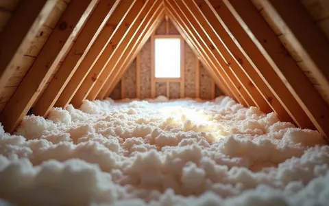 Eye-level view of attic space with insulation being installed