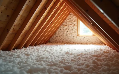 Eye-level view of attic space with insulation installed