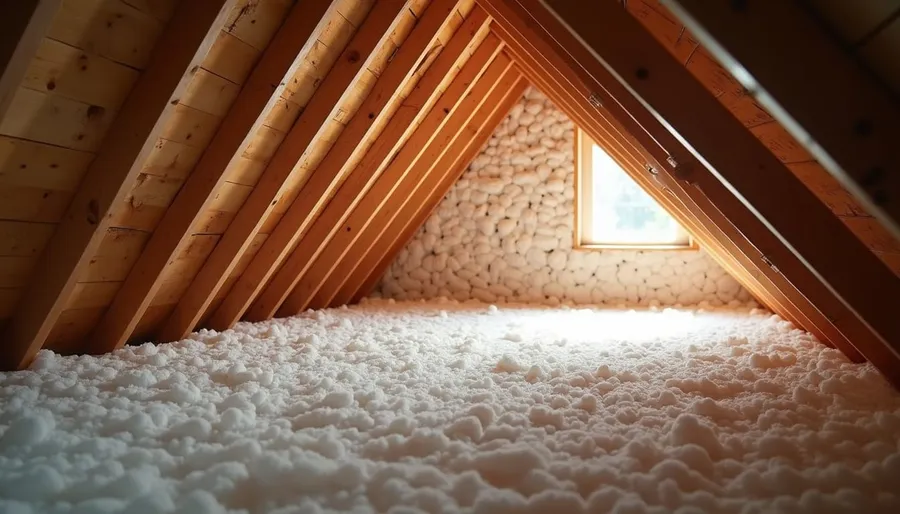 Eye-level view of attic space with insulation installed