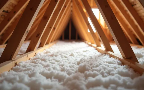 Eye-level view of attic space with fiberglass batt insulation installed between wooden joists