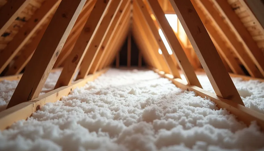 Eye-level view of attic space with fiberglass batt insulation installed between wooden joists