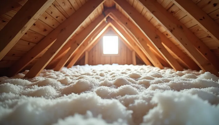Eye-level view of attic space with fiberglass insulation rolls