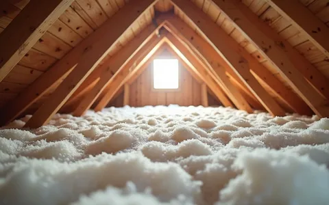 Eye-level view of attic space with fiberglass insulation rolls