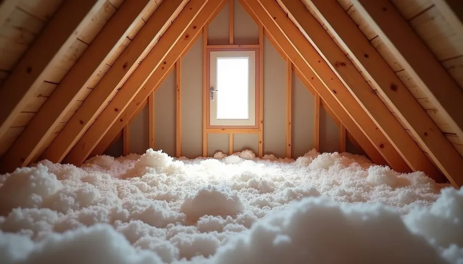 Eye-level view of attic space with insulation installed between wooden beams