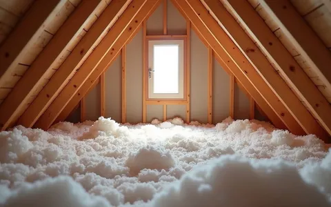 Eye-level view of attic space with insulation installed between wooden beams