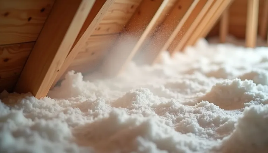Eye-level view of attic insulation being installed between wooden beams