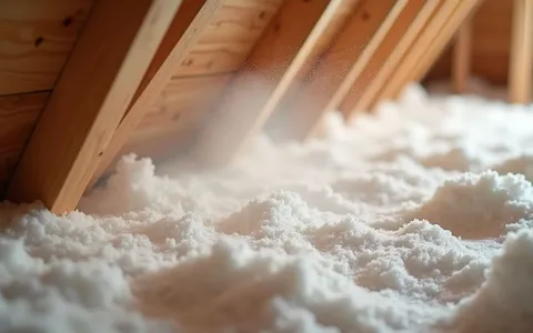 Eye-level view of attic insulation being installed between wooden beams