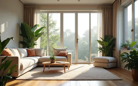 Eye-level view of a modern living room with open windows and plants