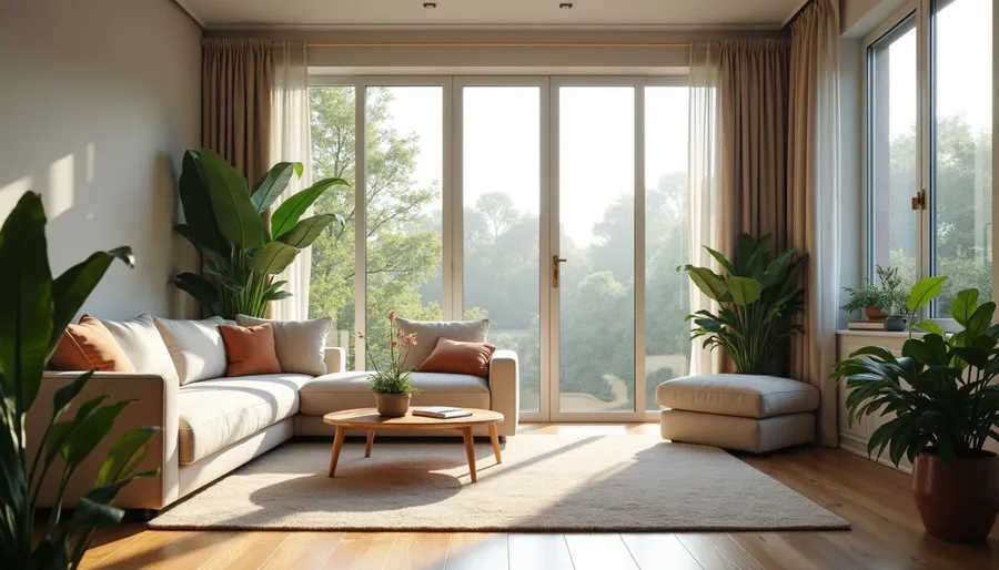Eye-level view of a modern living room with open windows and plants