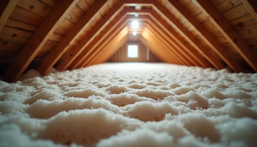 Eye-level view of attic space with insulation materials laid out