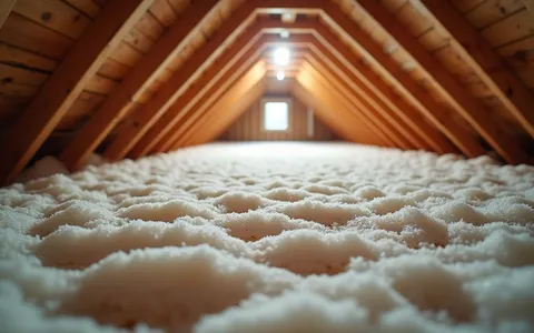 Eye-level view of attic space with insulation materials laid out