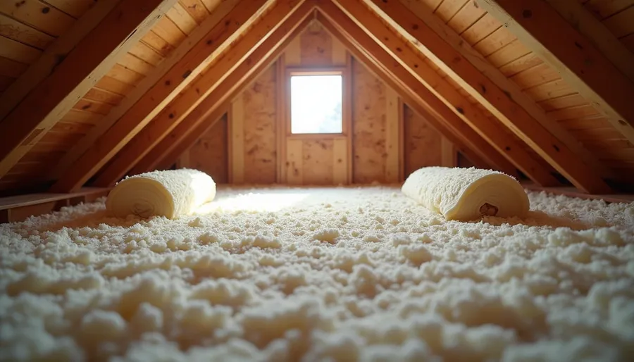 Eye-level view of attic space with insulation materials laid out