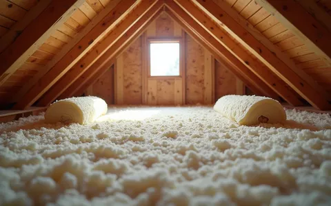 Eye-level view of attic space with insulation materials laid out