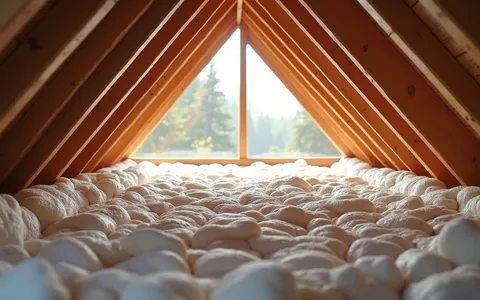 Eye-level view of attic space with insulation materials laid out
