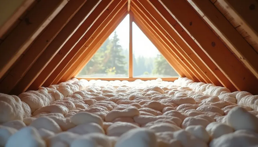 Eye-level view of attic space with insulation materials laid out