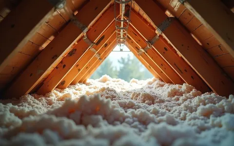 Eye-level view of attic space with old insulation being removed