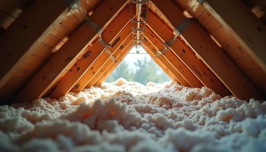 Eye-level view of attic space with old insulation being removed