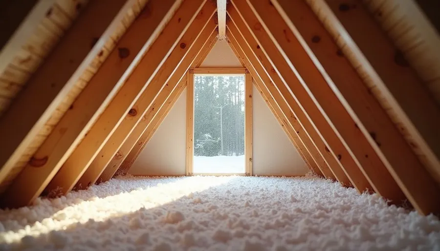 Eye-level view of attic space with insulation being installed