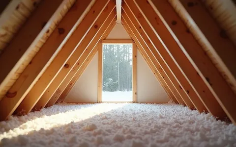 Eye-level view of attic space with insulation being installed