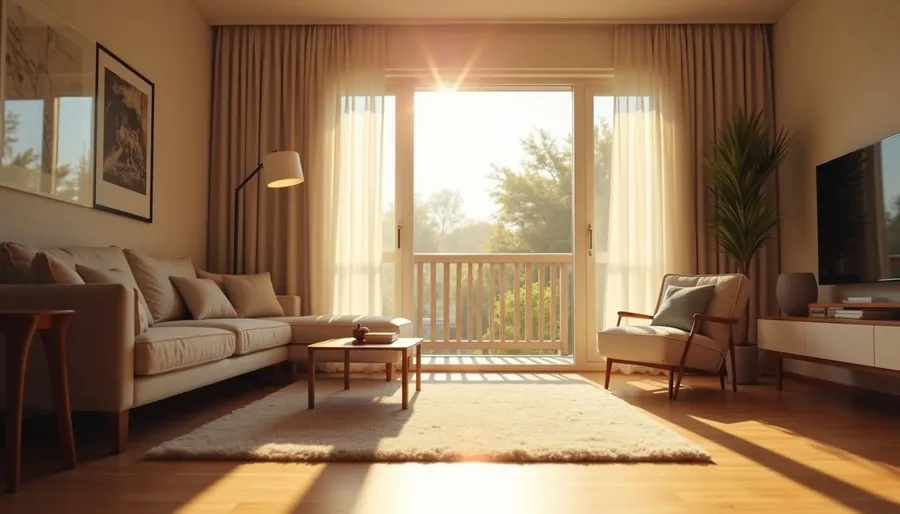 Eye-level view of a living room with open windows and sunlight streaming in