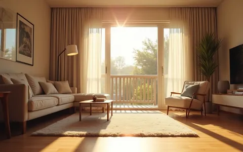 Eye-level view of a living room with open windows and sunlight streaming in
