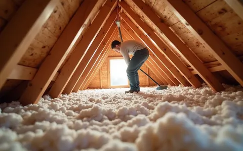 Eye-level view of attic insulation being installed