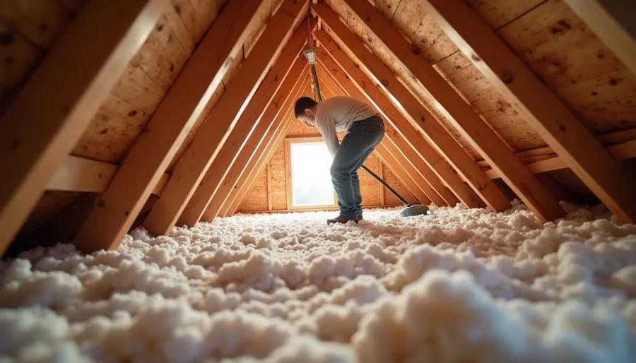 Eye-level view of attic insulation being installed