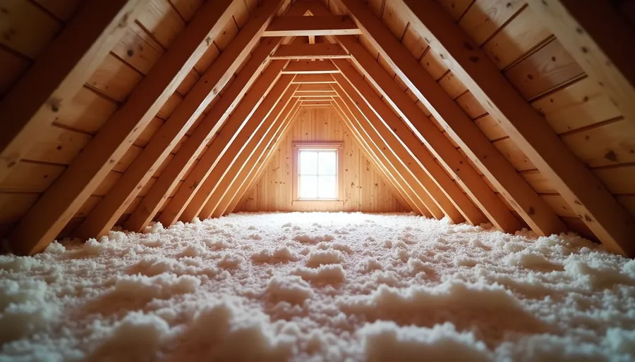 Eye-level view of attic space with insulation and wooden beams
