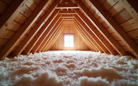 Eye-level view of attic space with insulation and wooden beams