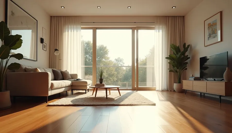 Eye-level view of a modern living room with open windows and sunlight streaming in