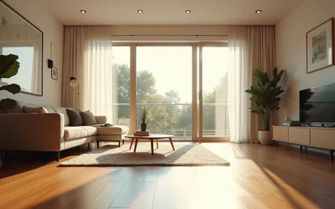 Eye-level view of a modern living room with open windows and sunlight streaming in