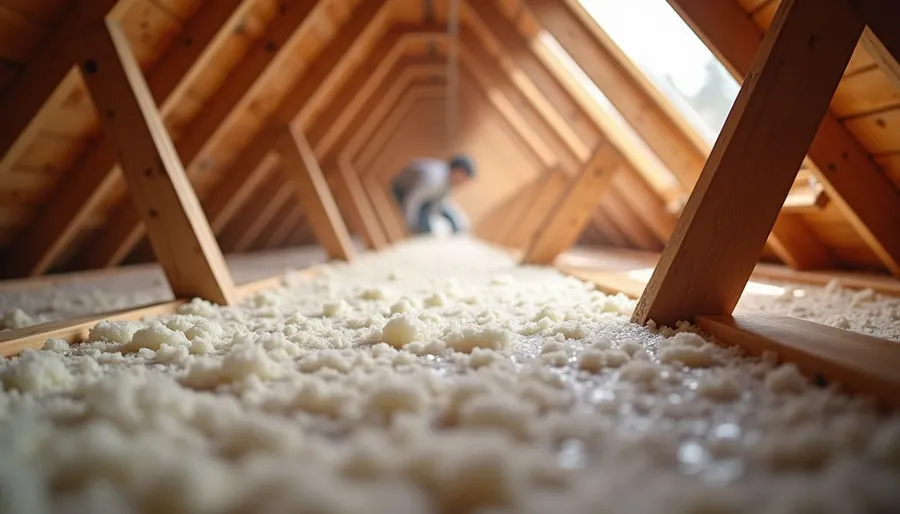 Eye-level view of attic insulation being installed between wooden beams
