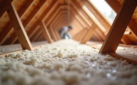 Eye-level view of attic insulation being installed between wooden beams