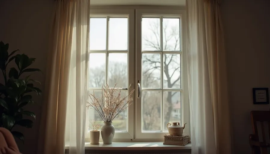 Eye-level view of a weatherstripped window in a living room