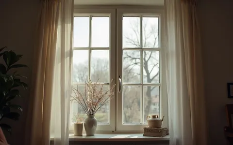 Eye-level view of a weatherstripped window in a living room