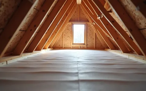 Eye-level view of attic with radiant barrier installed on roof decking