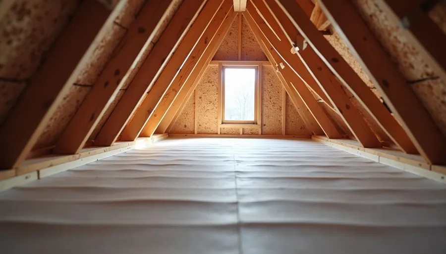 Eye-level view of attic with radiant barrier installed on roof decking