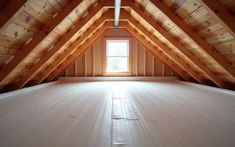High angle view of attic with radiant barrier installed on rafters