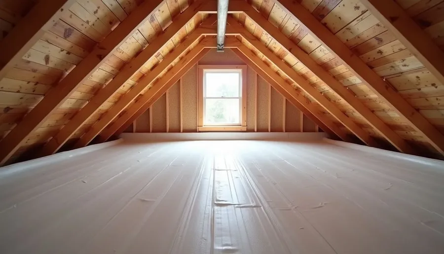 High angle view of attic with radiant barrier installed on rafters