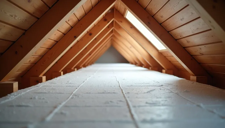 Eye-level view of attic roof with radiant barrier installation
