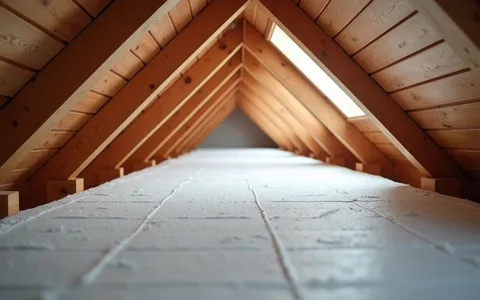 Eye-level view of attic roof with radiant barrier installation